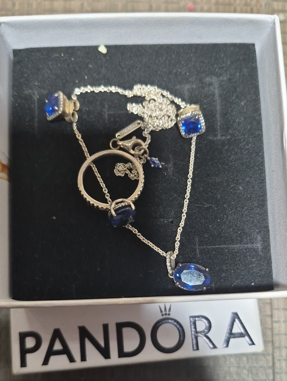 Pandora Sapphire Blue Ring Size 7 And Square Stud Earrings View 2